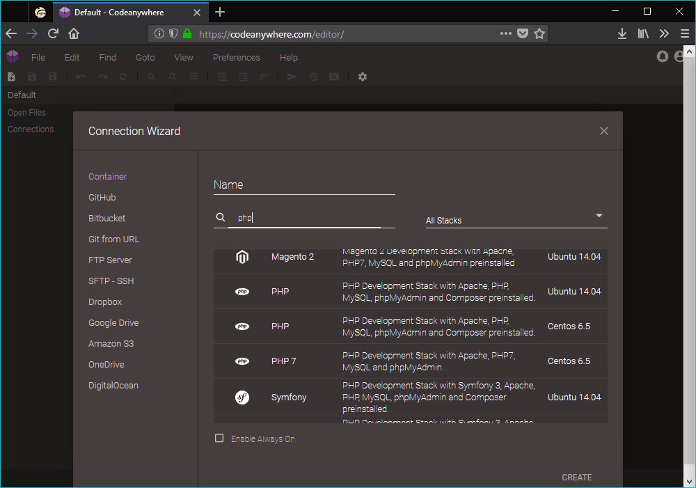 Screenshot of Codeanywhere container screen showing PHP options